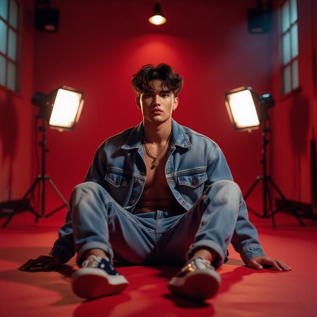 Cinematic Portrait of Male Model in Red Studio