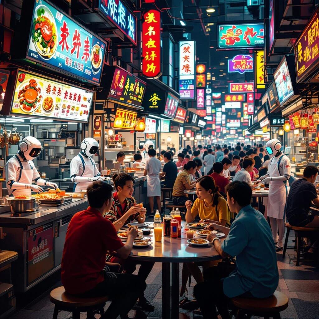 Futuristic Singapore Hawker Center with Robotic Chefs