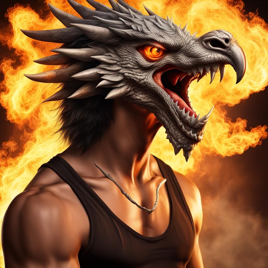 Realistic Hybrid Man-Eagle-Dragon Breathing Fire