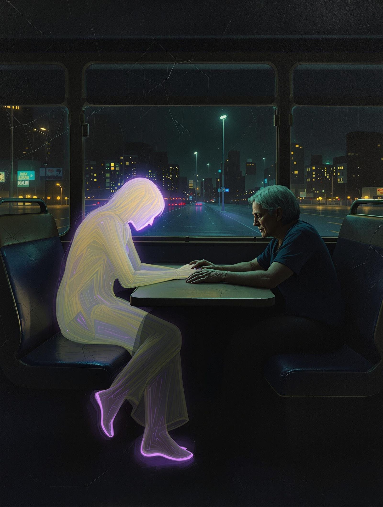 Woman Confronts Shadow on Night Bus as Digital Art