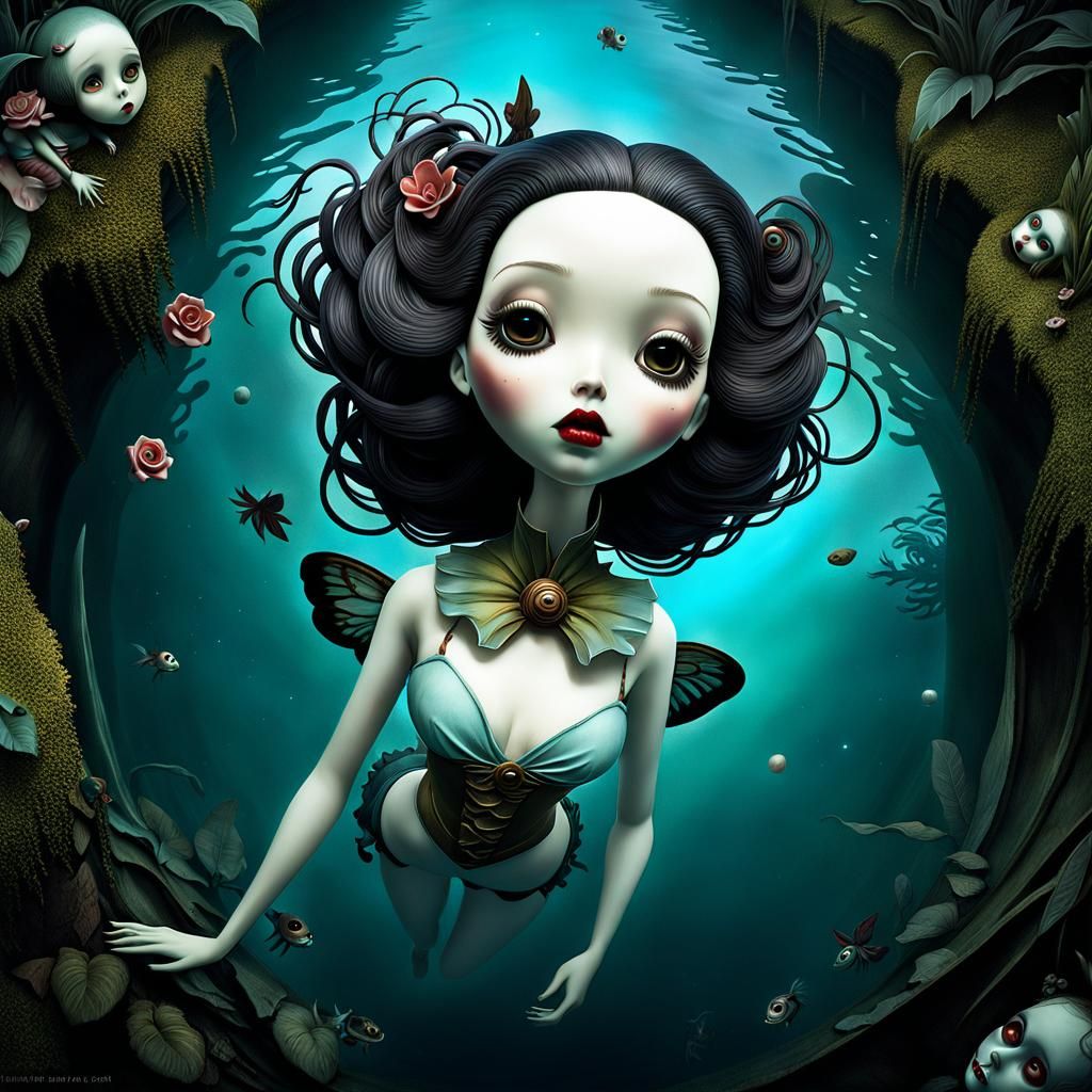 Eerie Girl in Doll Pool: Surreal Fairy Tale Art