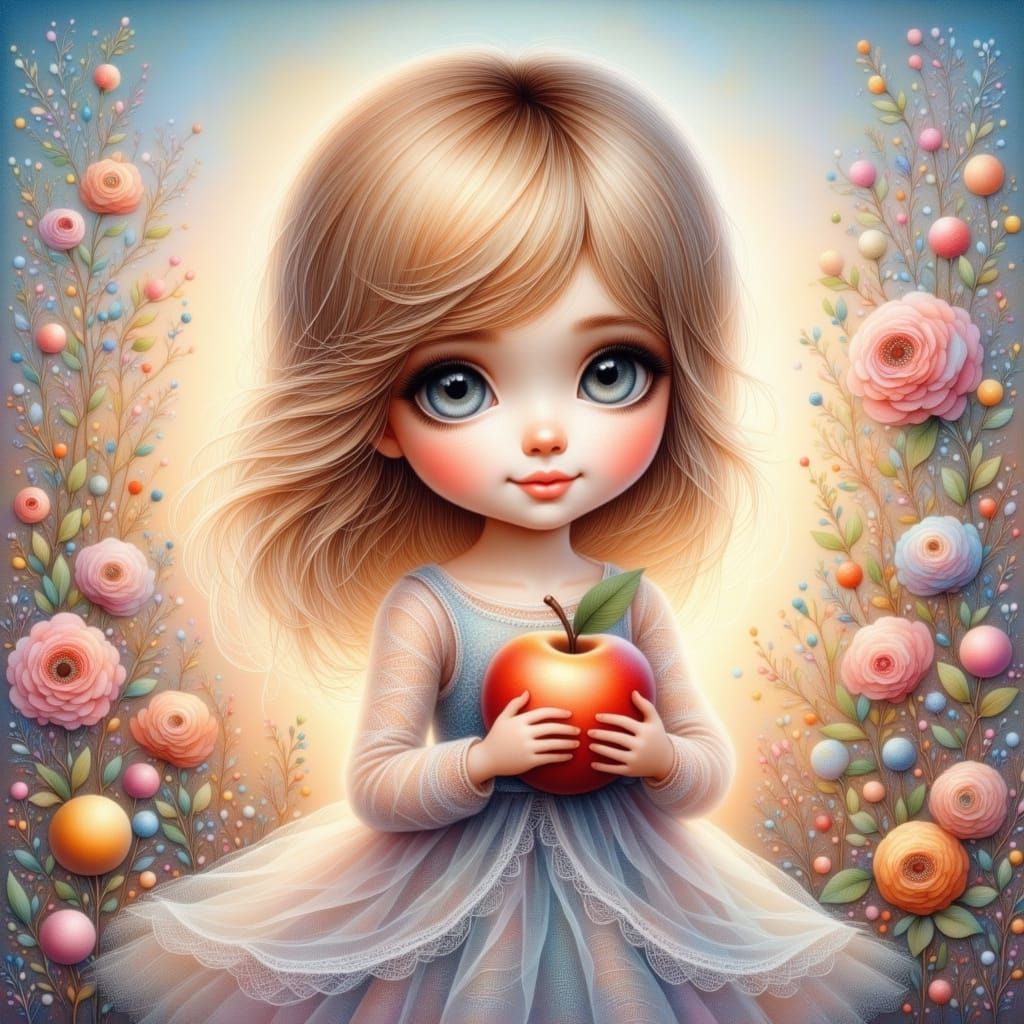 Little Girl Adores Giant Apple in Whimsical Pastel Landscape