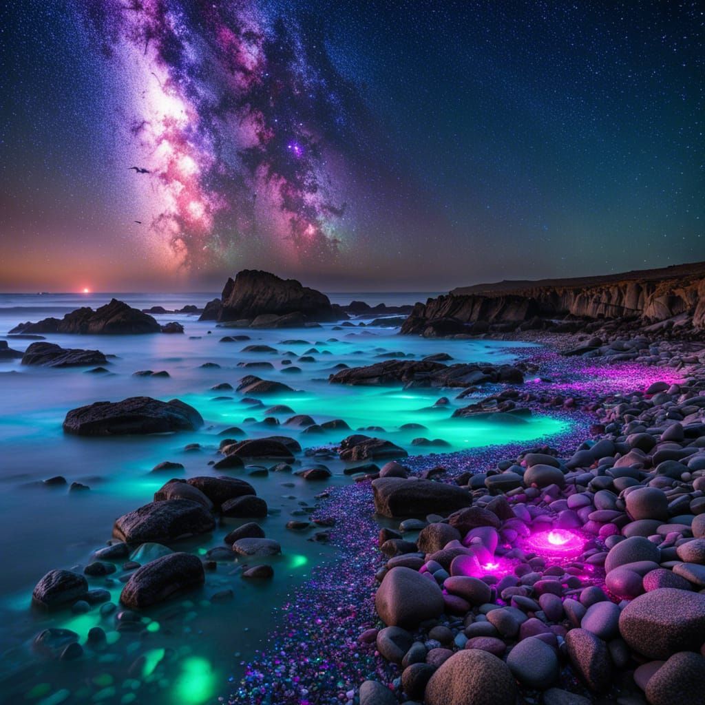 Bioluminescent Stone Beach at Night: Ethereal Digital Art