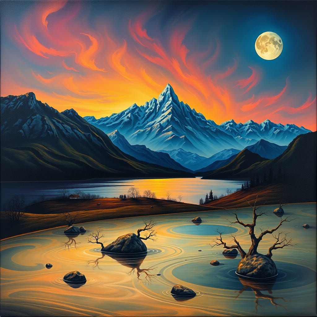 Surreal Twilight Landscape with Melting Objects