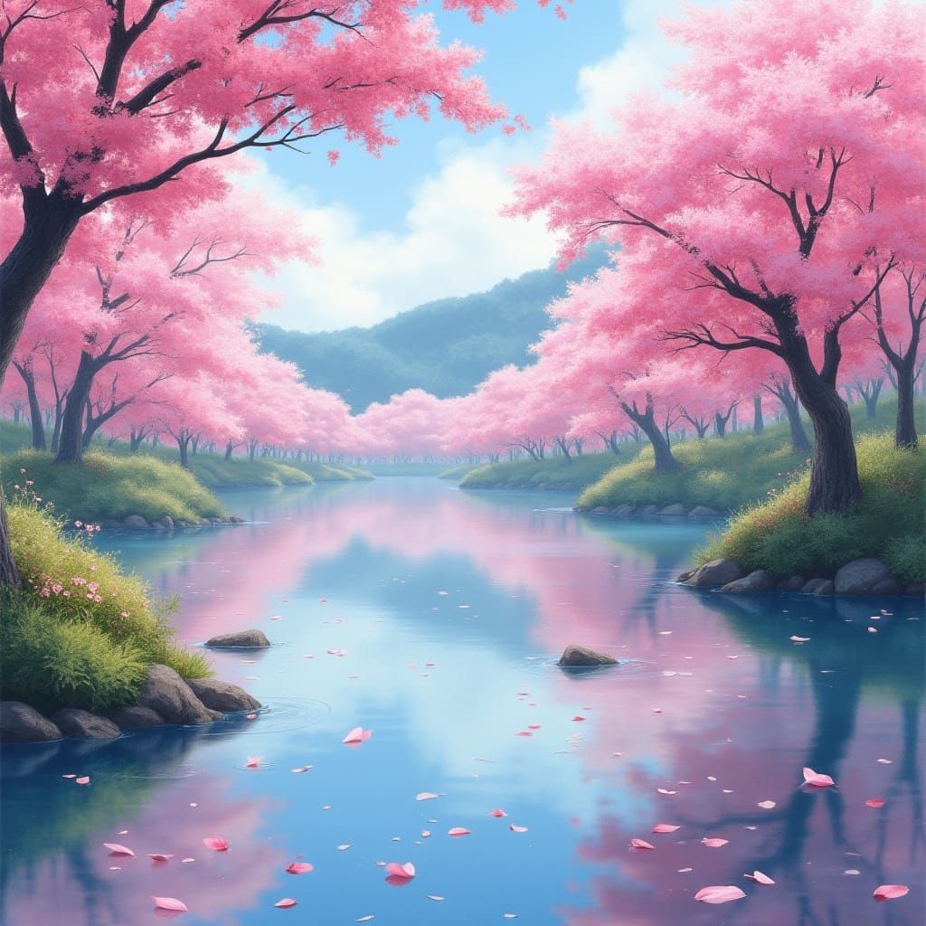 Sakura Trees in Bloom by Calm Lake