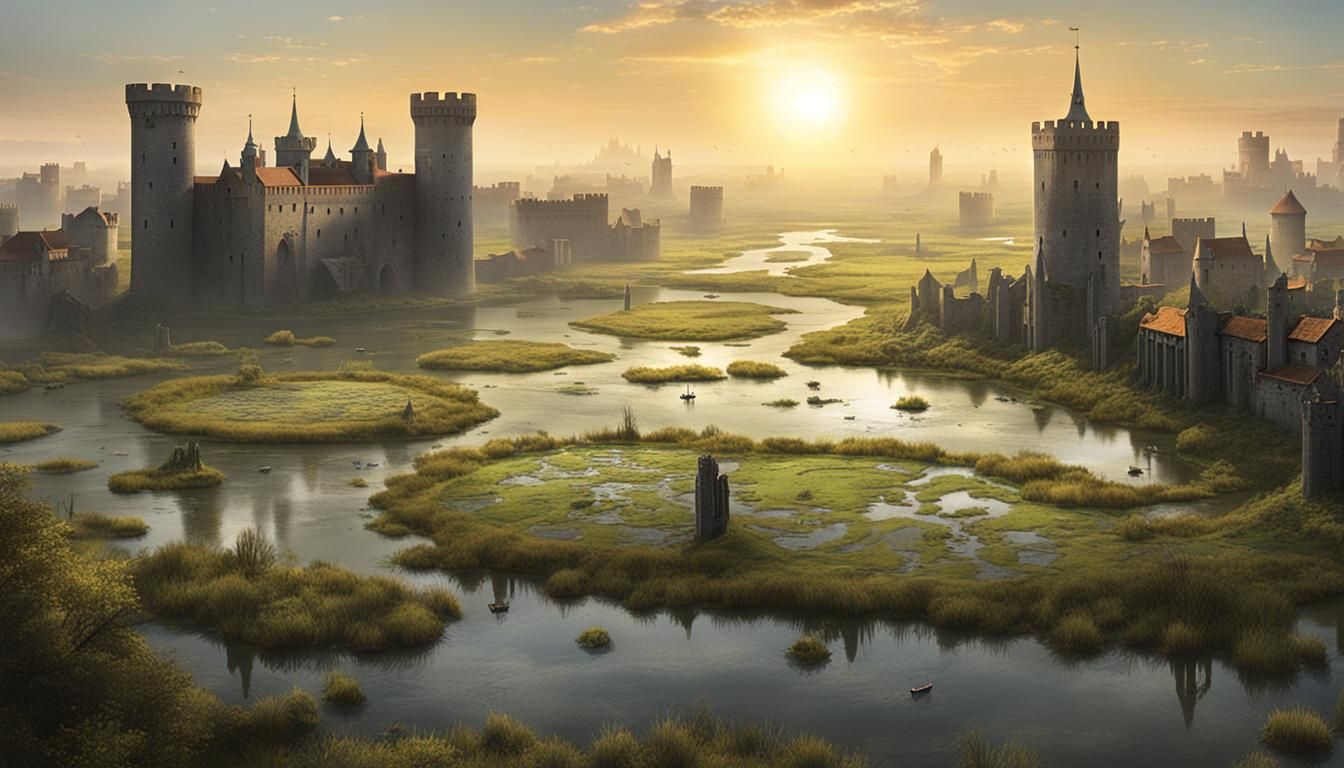 Medieval City in Swamp at Dawn