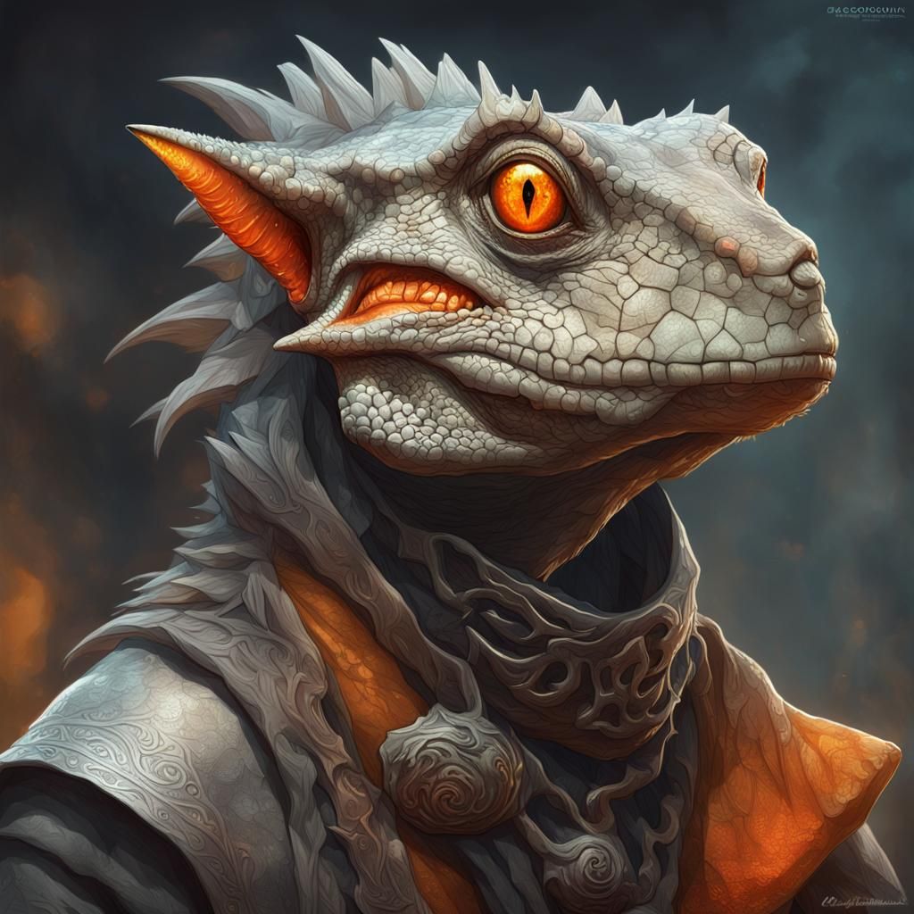 Silver Lizardfolk Beggar Portrait in Digital Art Style