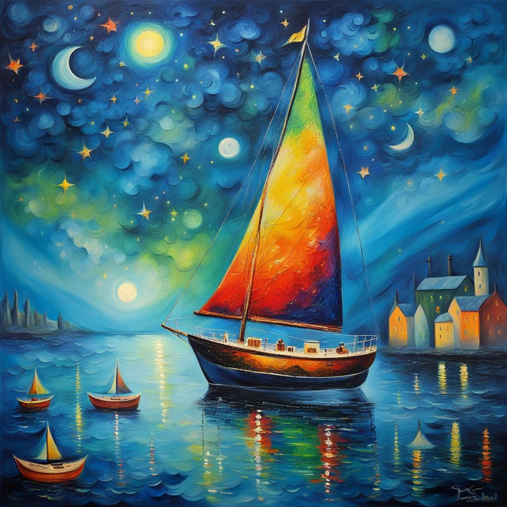 Sailboat Under Aurora Borealis in Chagall Style