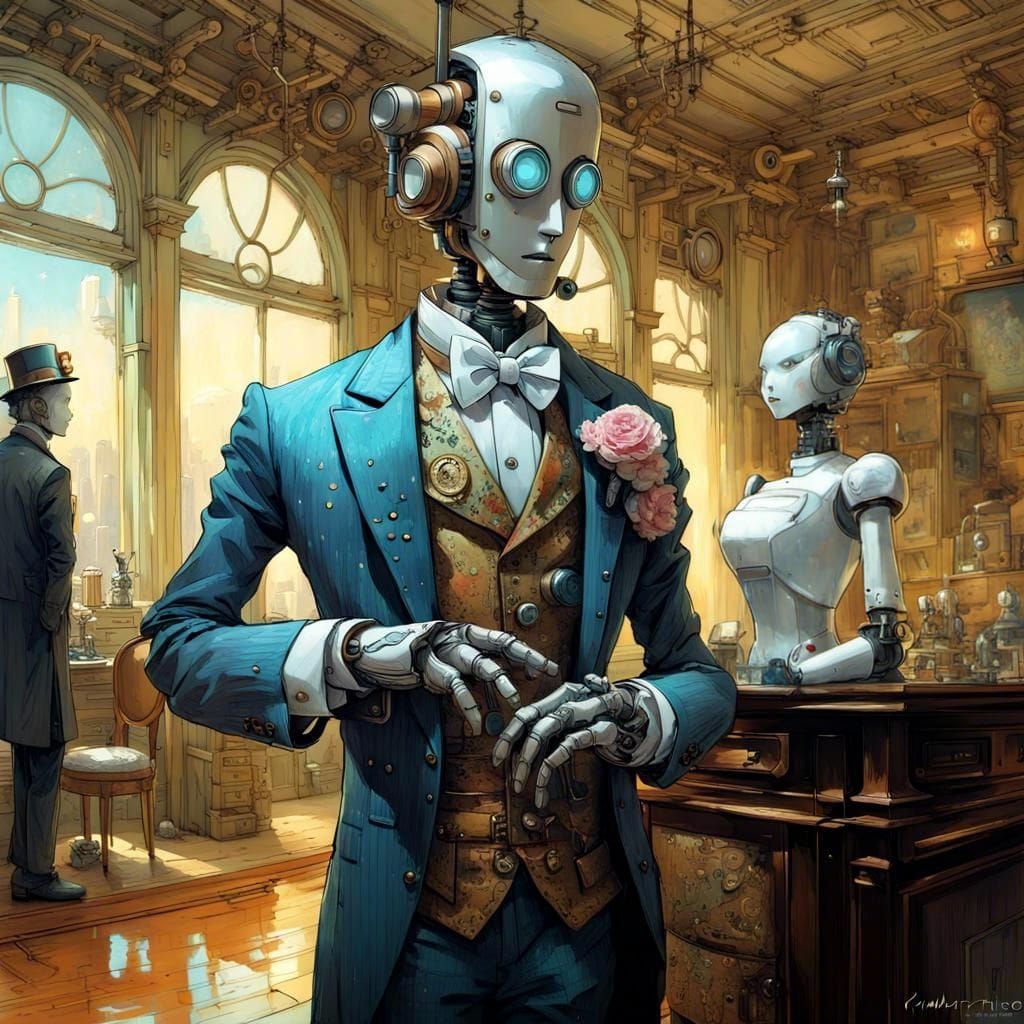 Steampunk Robot Butler and Maid Conversation