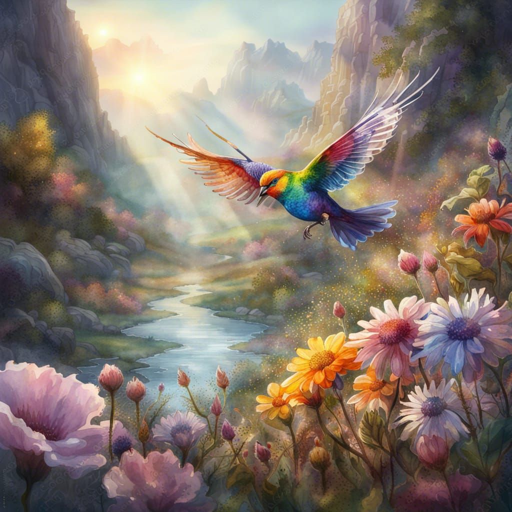 Rainbow Bird in Fantasy Landscape, Digital Watercolor