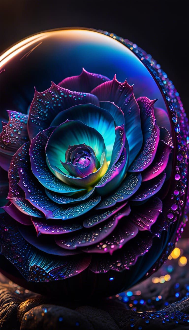 Opalescent Obsidian Rose with Crystal Sphere, Hyperrealistic