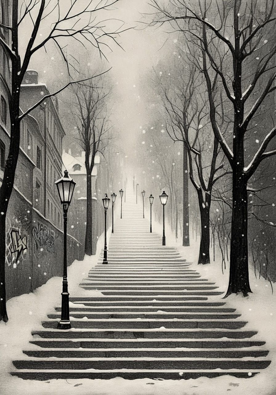 Surreal Winter Staircase in Monochromatic Graphite Style