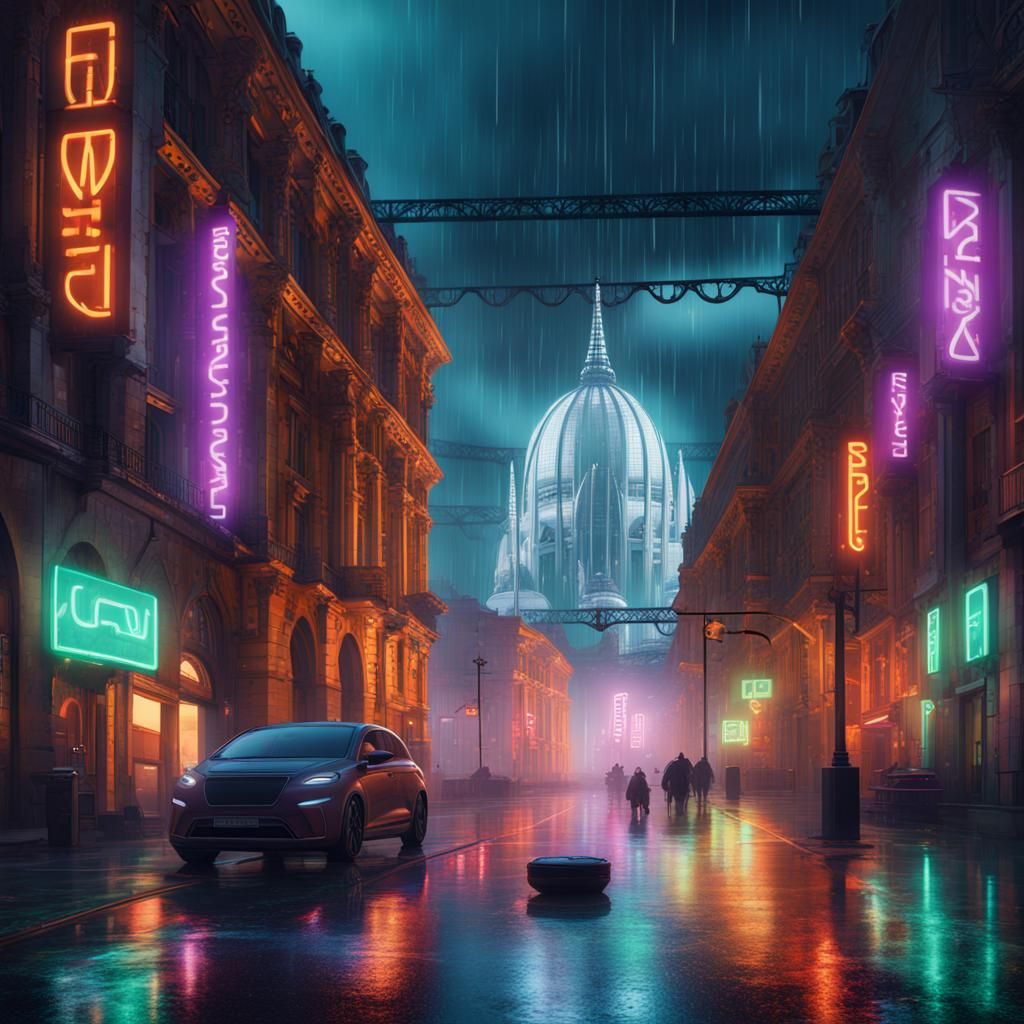 Futuristic Constructivist Budapest in the Rain