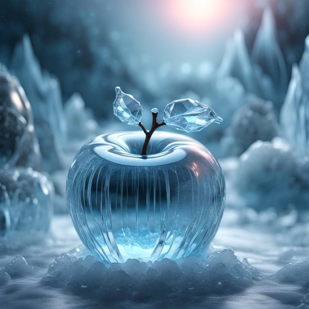 Bioluminescent Crystal Apple Frozen in Ice, CGI Render