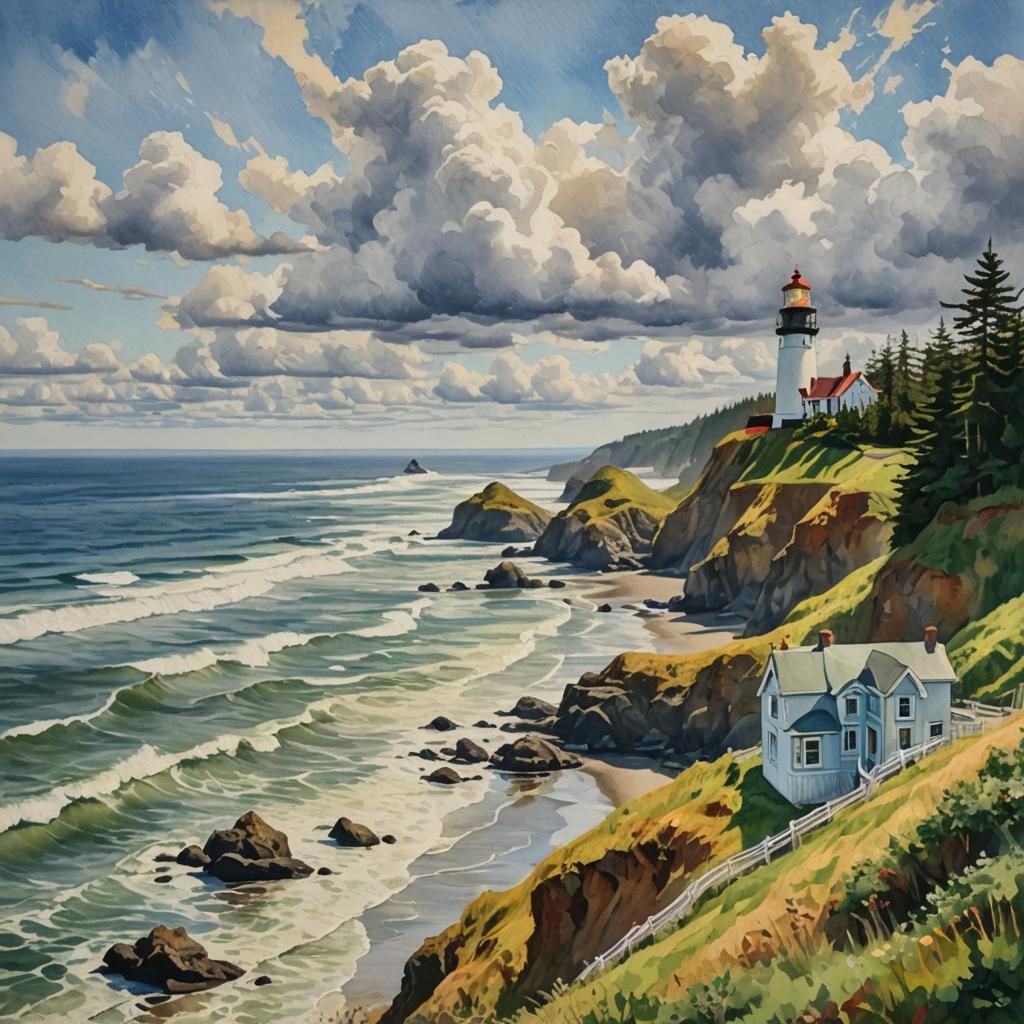 Heceta Lighthouse: Gouache Impressionist Masterpiece