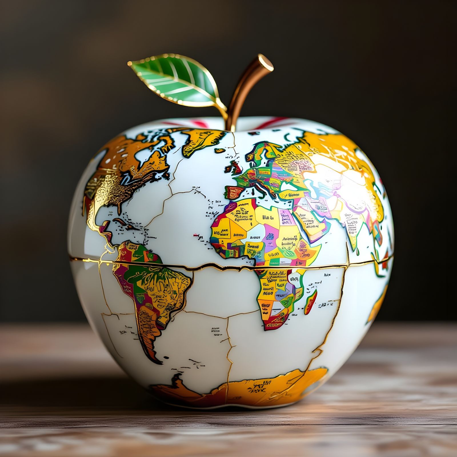 Kintsugi Golden World Map on Porcelain Apple