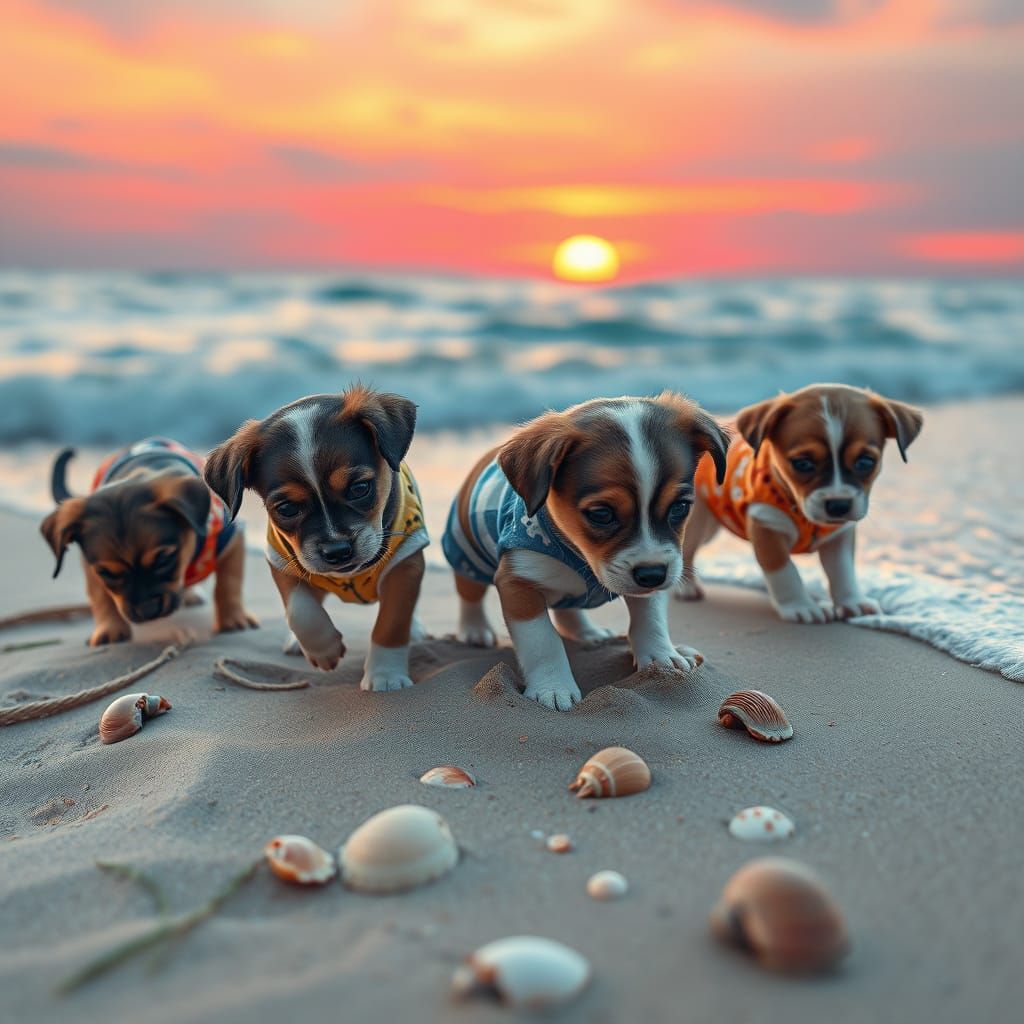 Sunset Beach Puppies in a Surreal Style