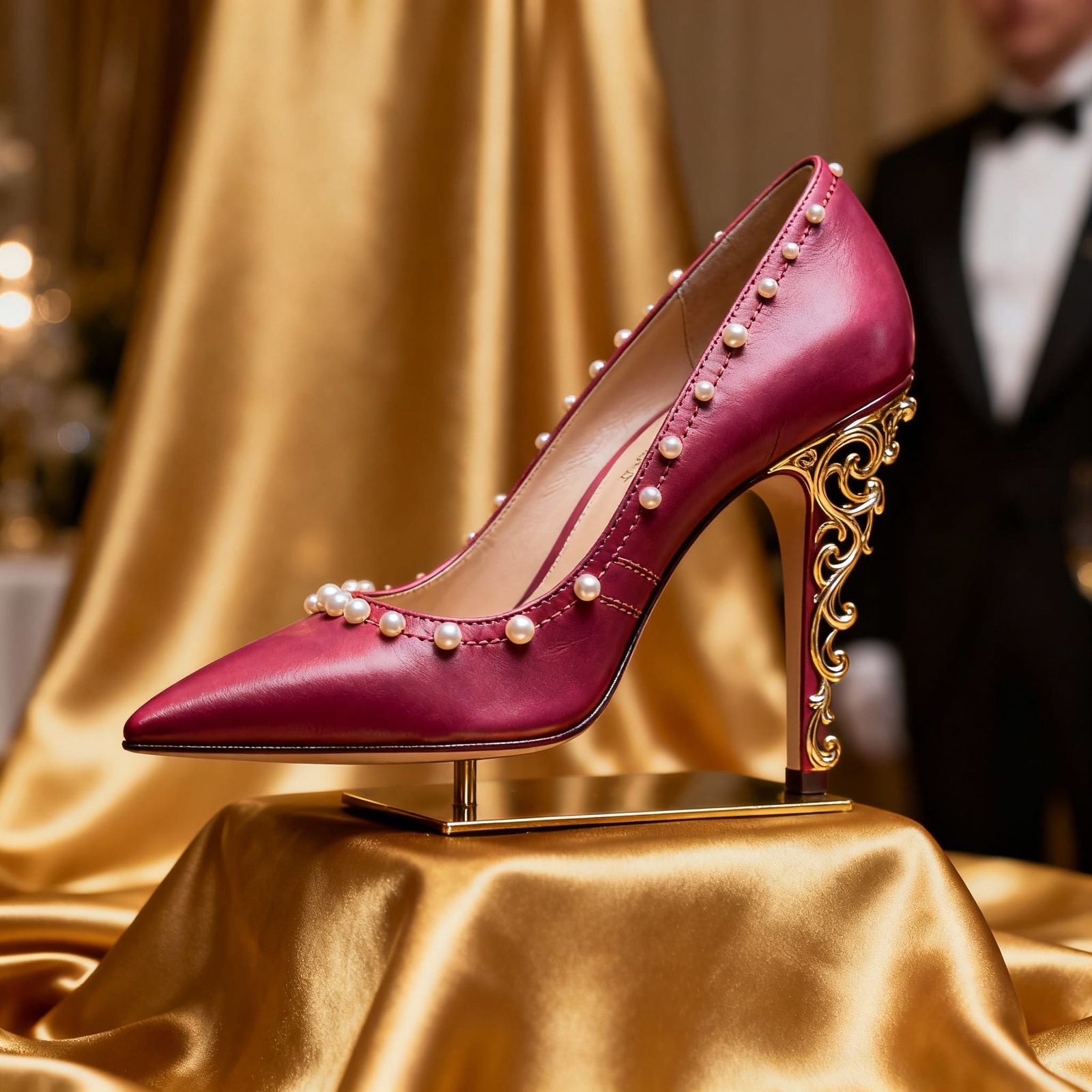 Dark Pink Fancy High Heel Shoe on Gold Silk Display