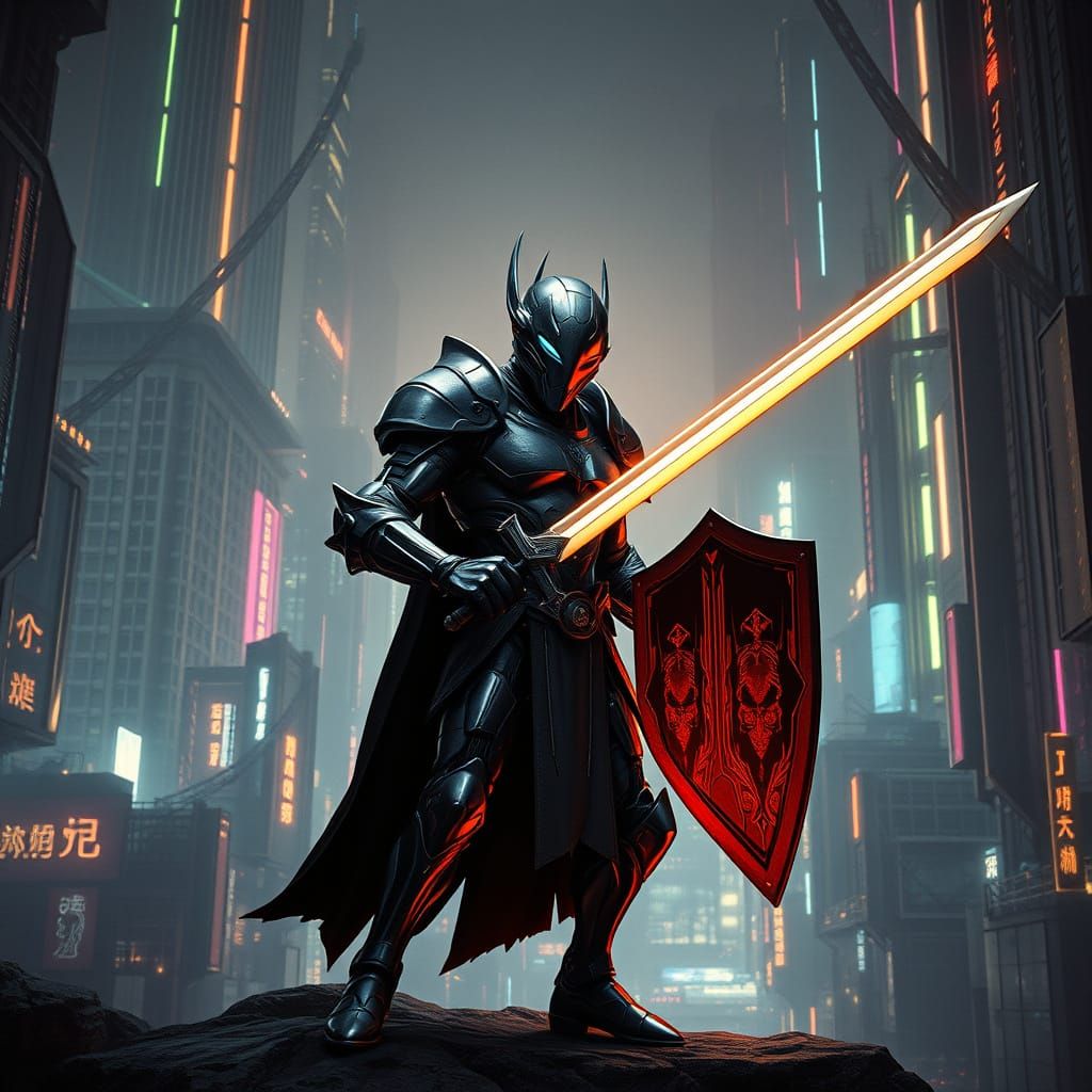 Heroic Meck Knight in Futuristic Metropolis