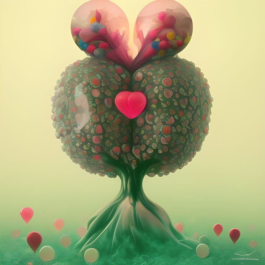 Crystal Glass Tree with Hearts, Fireworks, Fractal Art