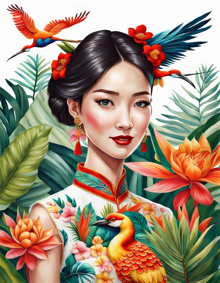 Girl in Cheongsam with Tropical Forest Embroidery