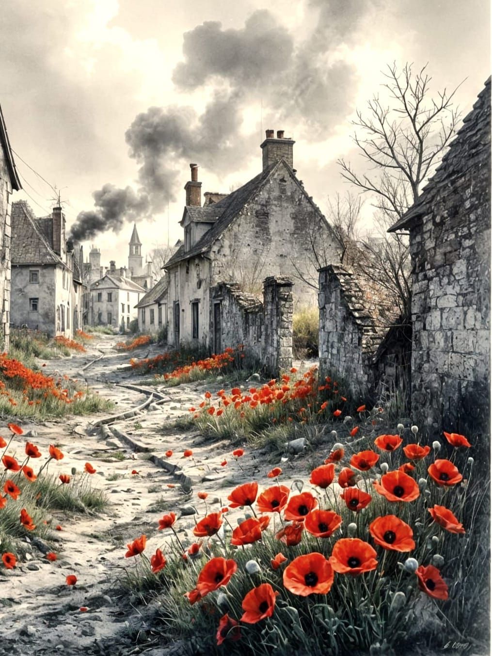 Abandoned French Town in Detailed Charcoal Drawing