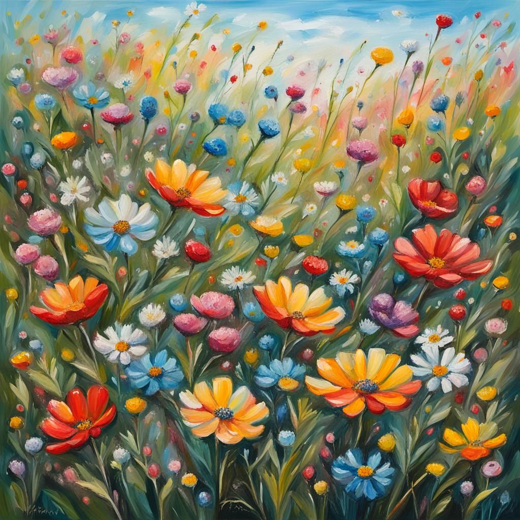Colorful Field Flowers in Sketchy Oil Painting