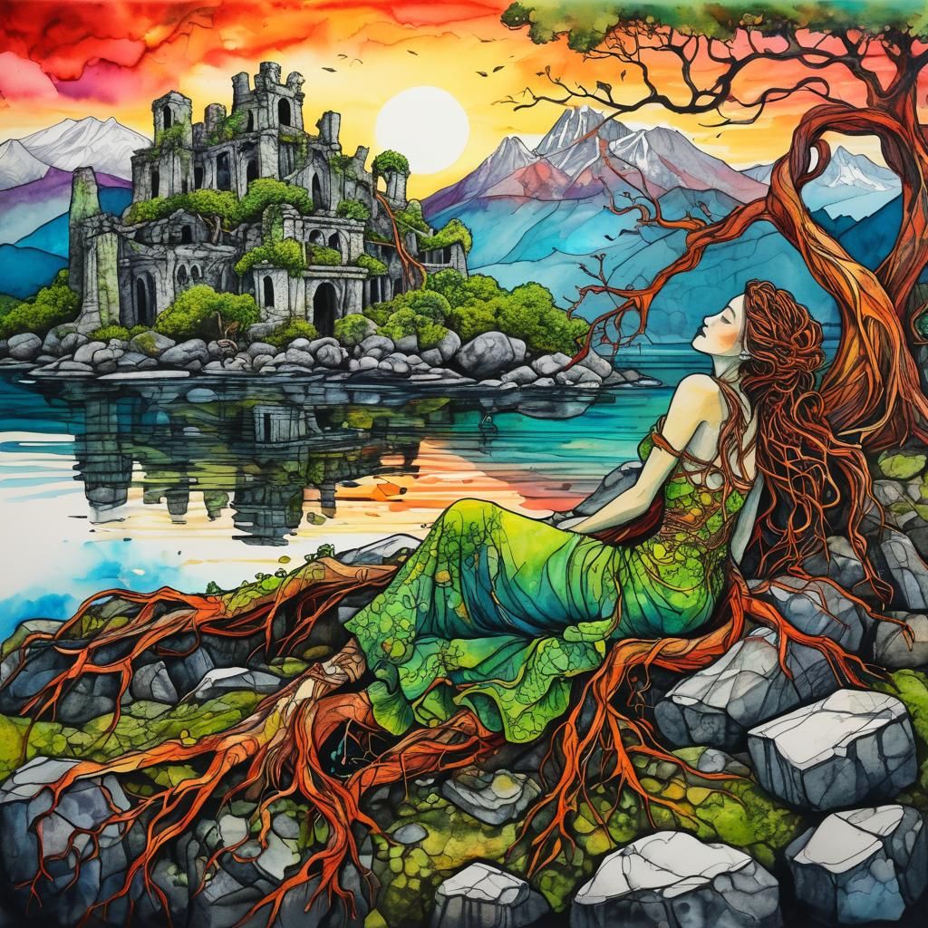 Entangled Root Woman in Watercolor Style Sunset