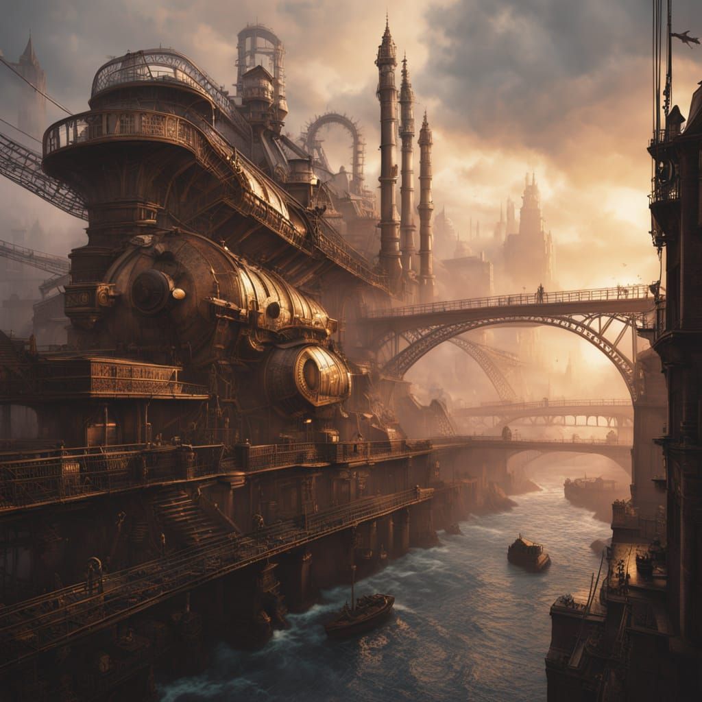 Ethereal Steampunk Metropolis Over a Misty River