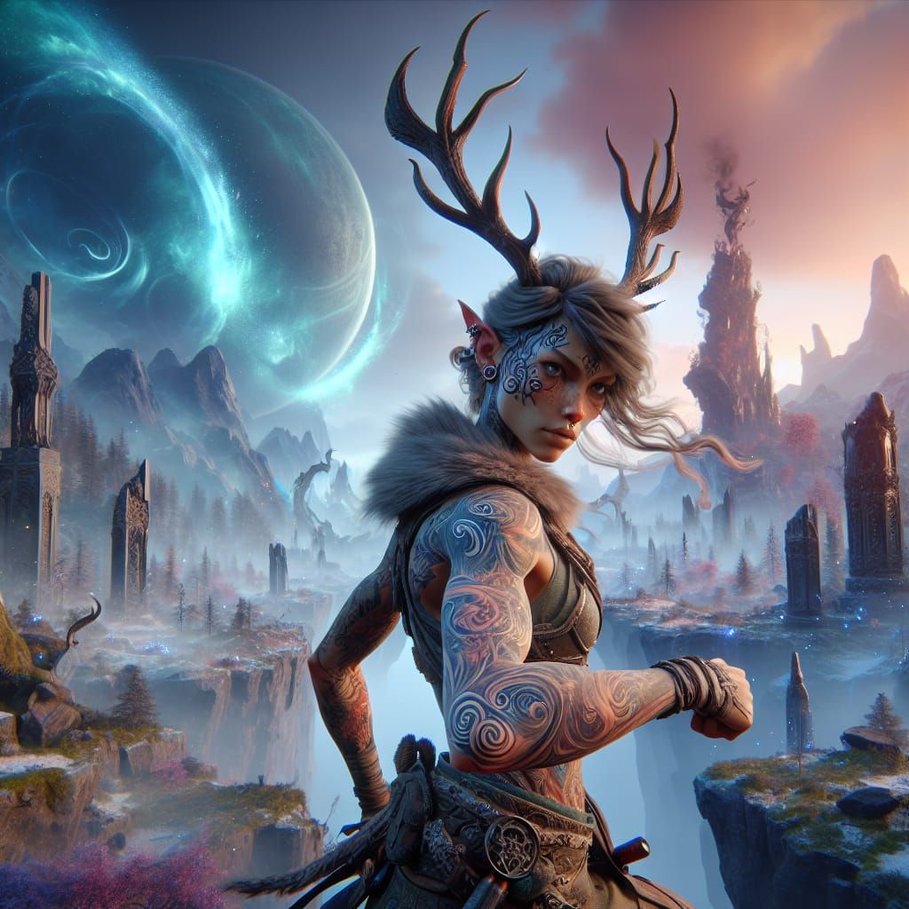 Battle-Ready Reindeer Woman in a Fantasy Landscape