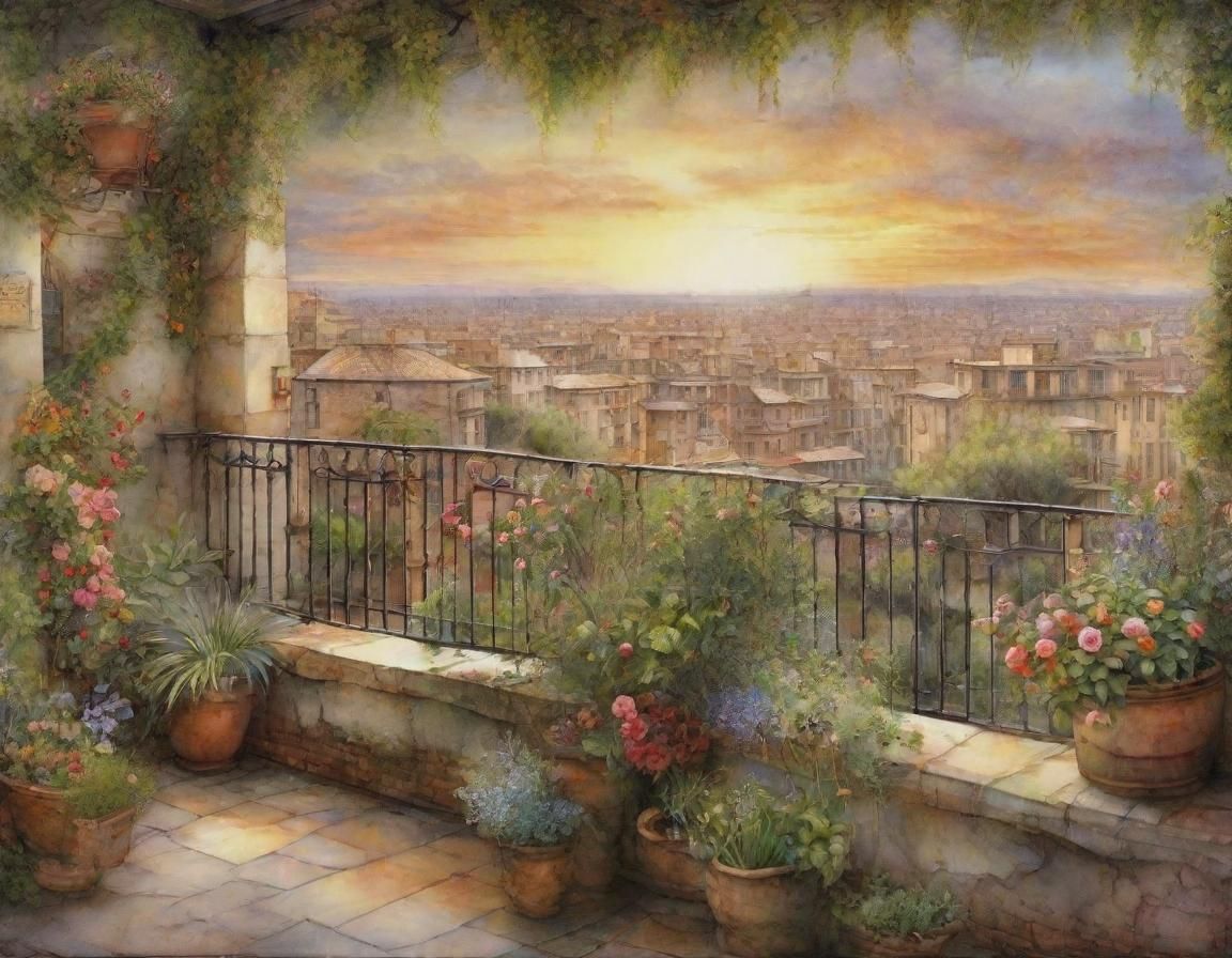 Lush Rooftop Garden in Watercolor Style