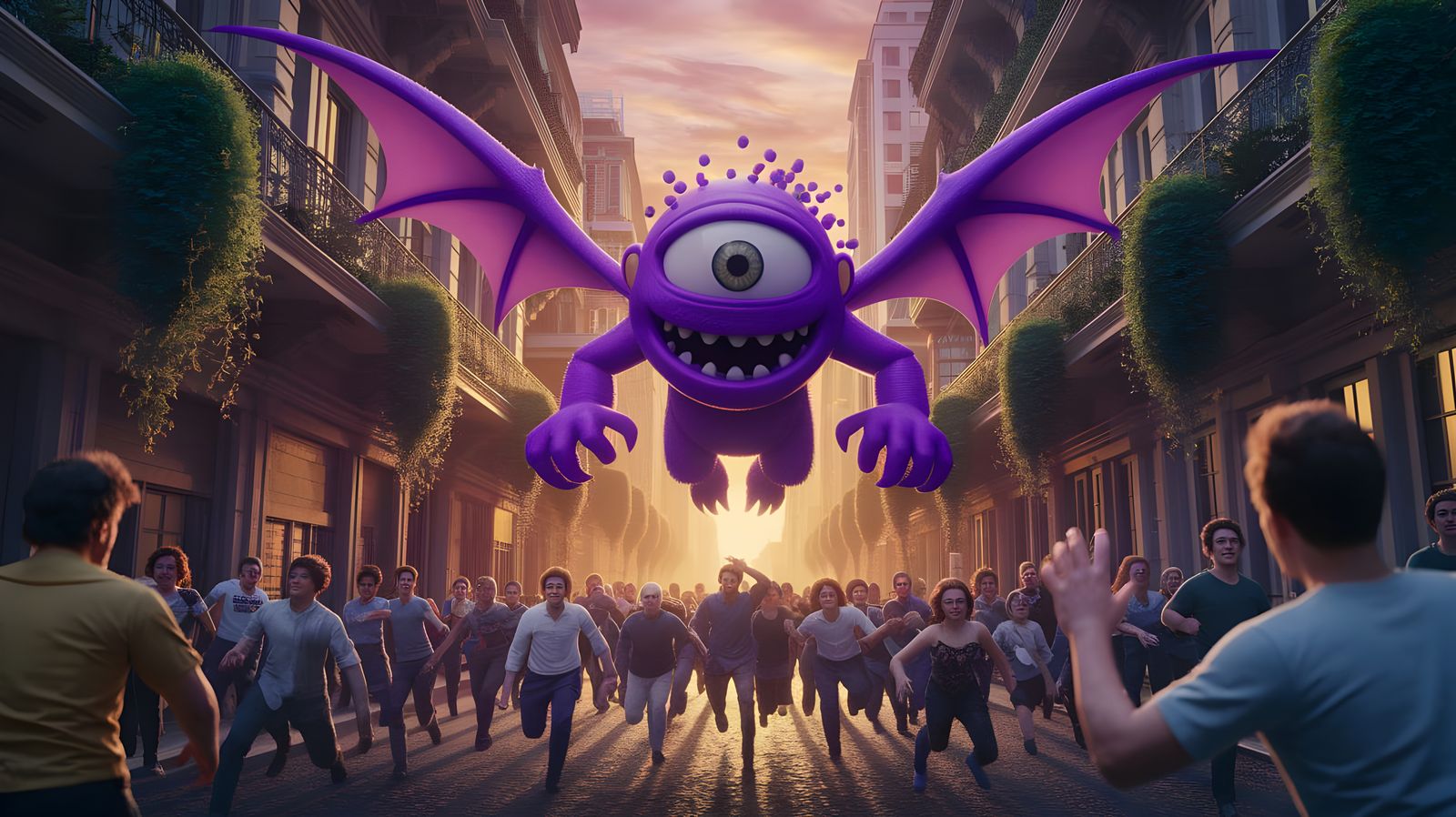 One-Eyed Purple Monster Chases People Down Street in 3D Rend...