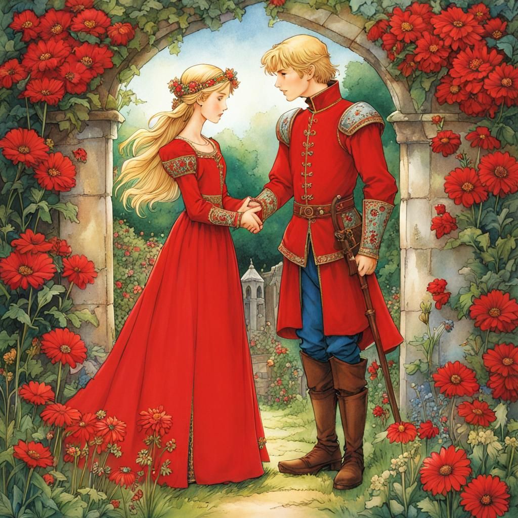 Anime Prince and Princess in Medieval Garden