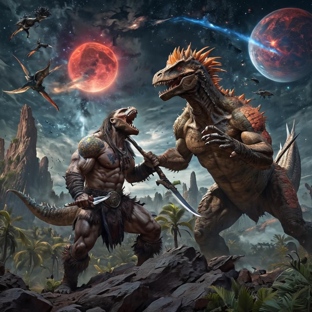 Surreal Alien Landscape Battle Under Starry Sky