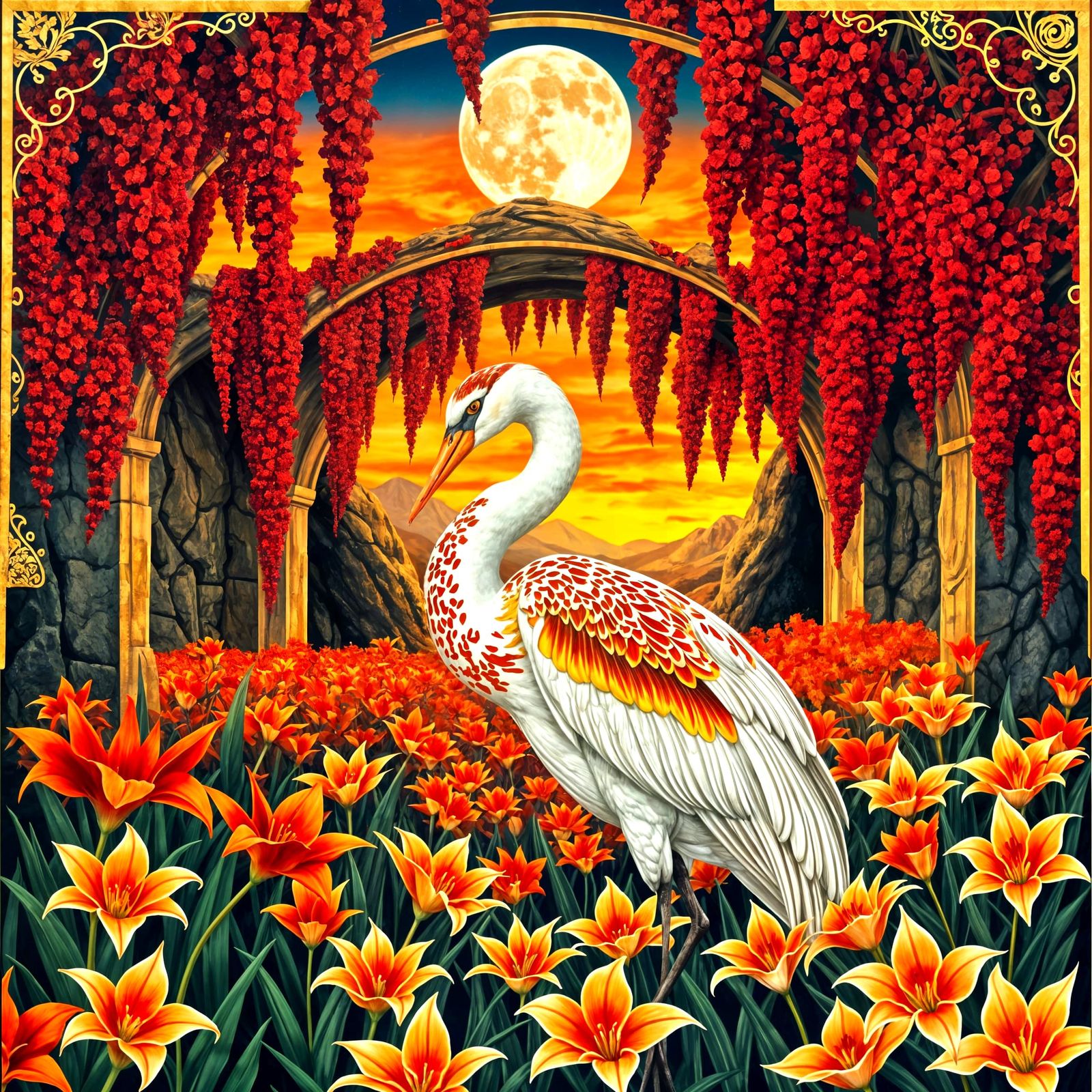 Hybrid Swan-Heron Bird Amidst Moonlit Arch