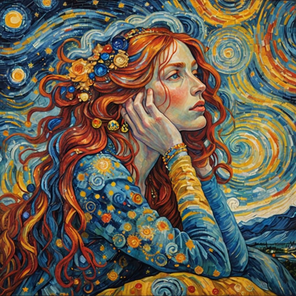 Celestial Woman in Starry Van Gogh Inspired Painting