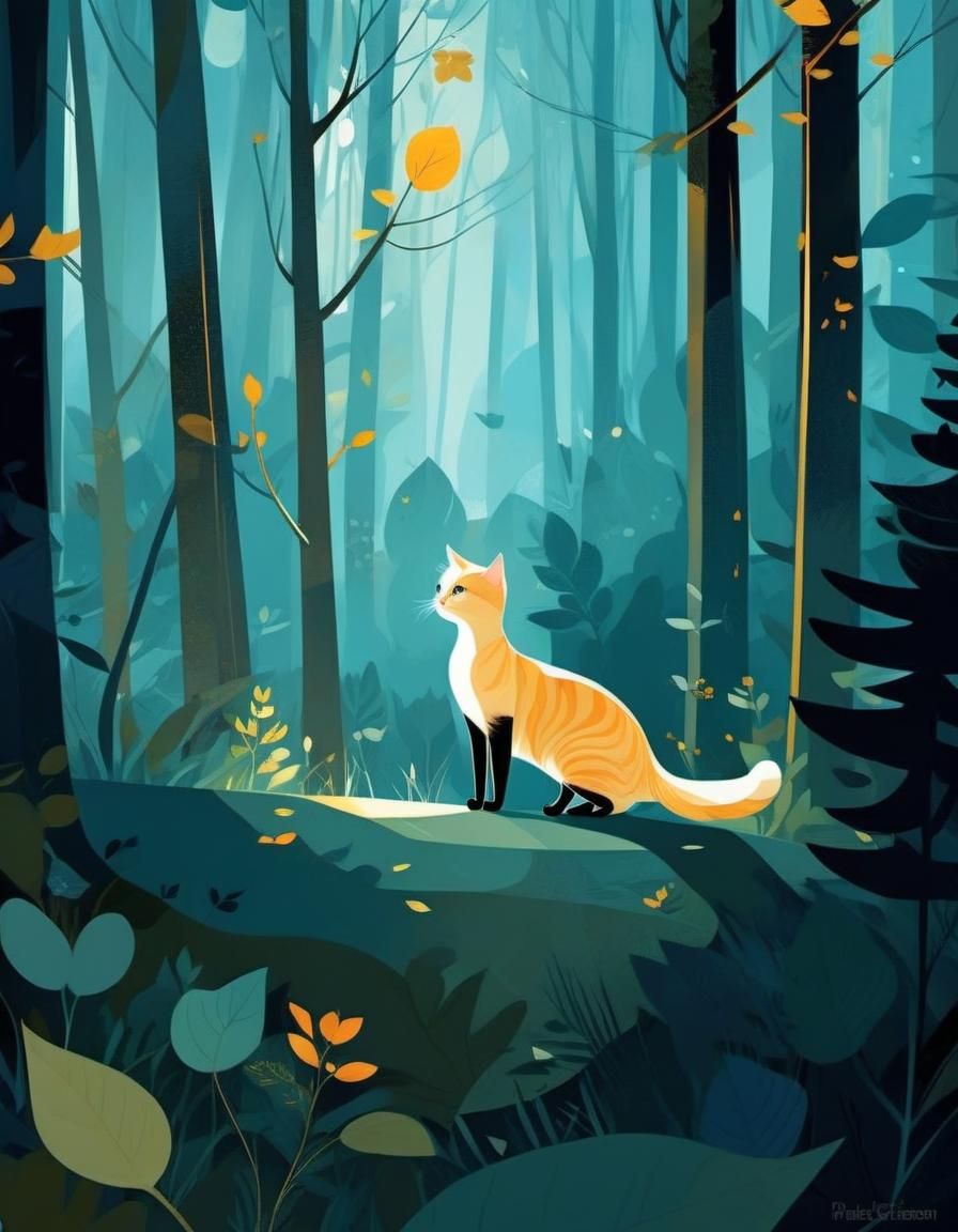 Blond Cat in Woods: Digital Illustration