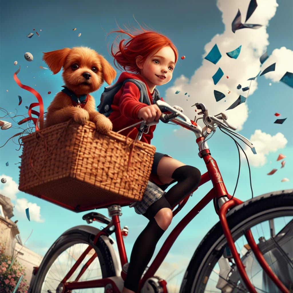 Girl Rides Bicycle with Dog, Detailed Matte Painting
