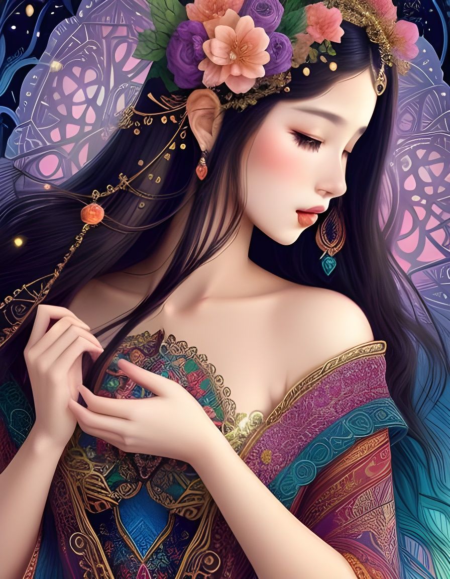 Enchanting Woman with Mythical Creatures in Vivid Colors