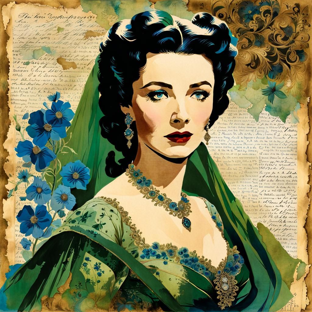 Vivien Leigh Surrounded by Blue Flowers in Watercolor