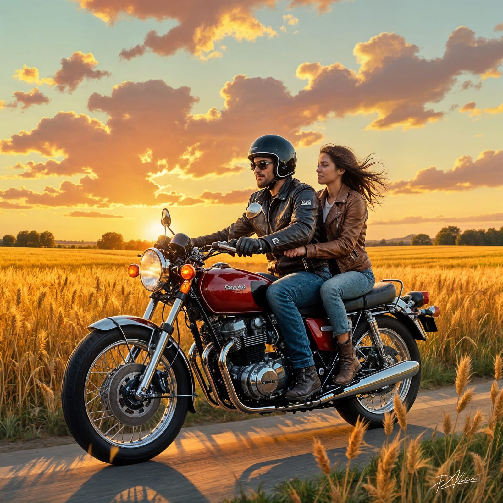 Biker Couple Rides into Autumn Sunset in Rural Britain
