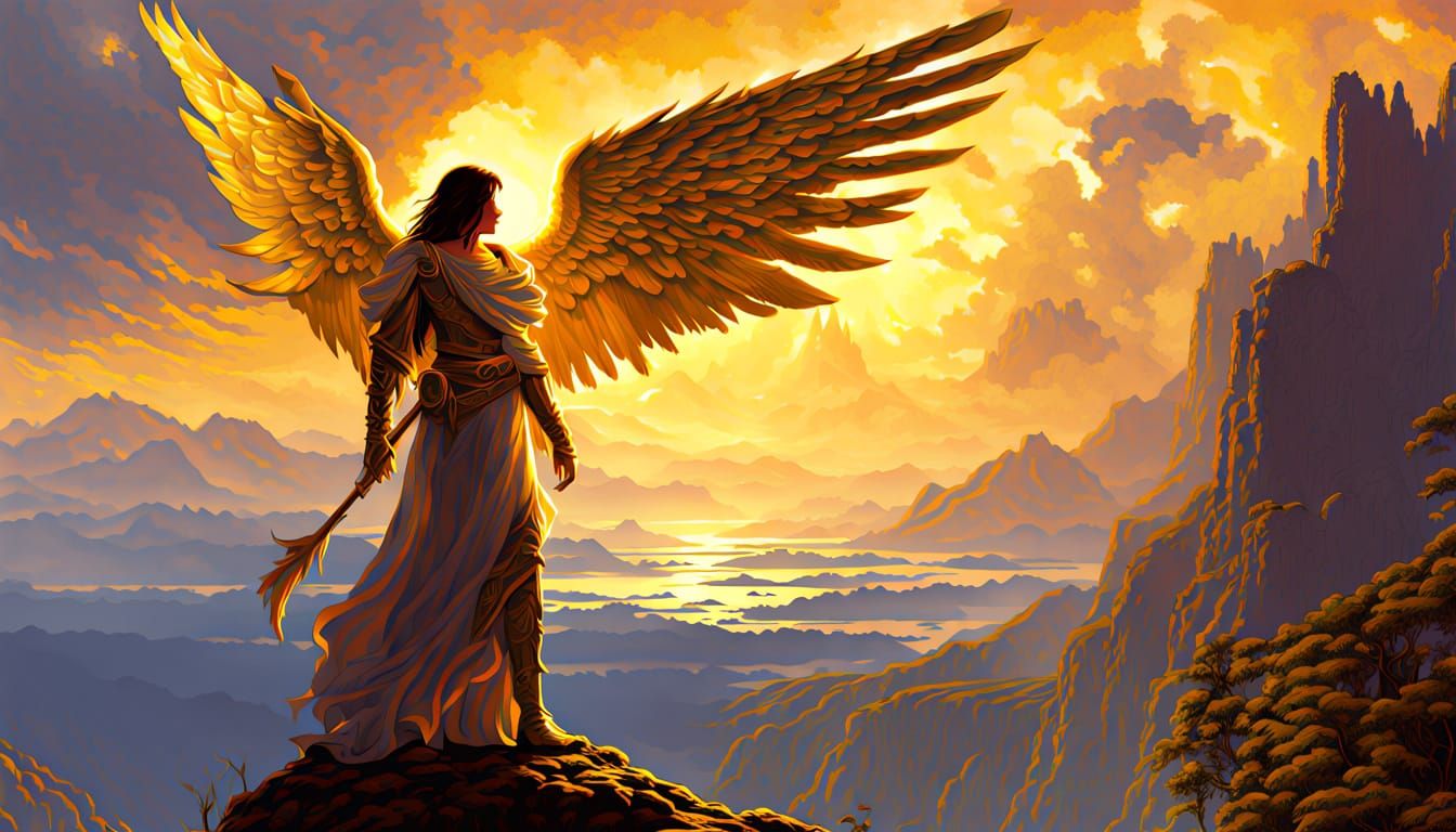 Heroic Angel Silhouetted in Golden Light: Fantasy Illustrati...