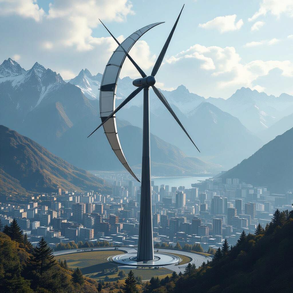 Colossal Wind Turbine in Retro-Futuristic Landscape