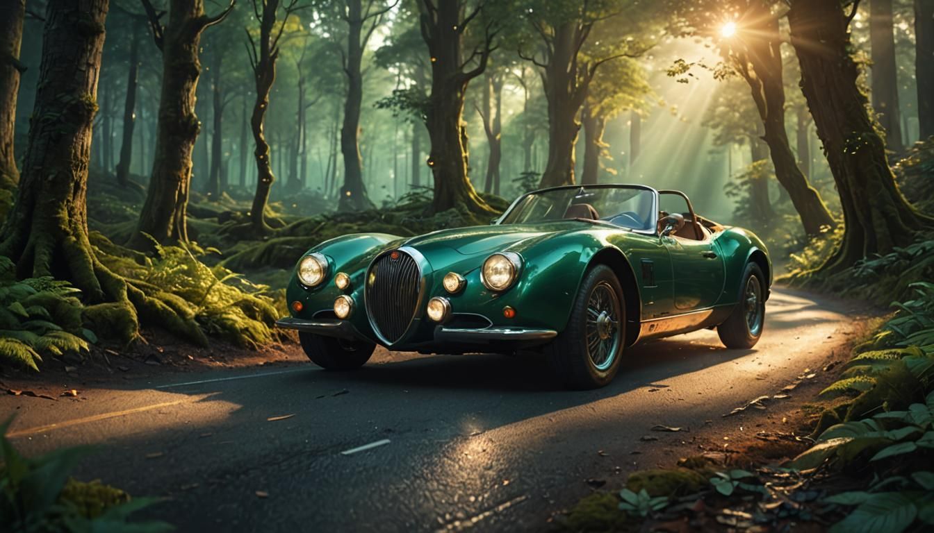 Elven Car Drives Through Enchanted Forest