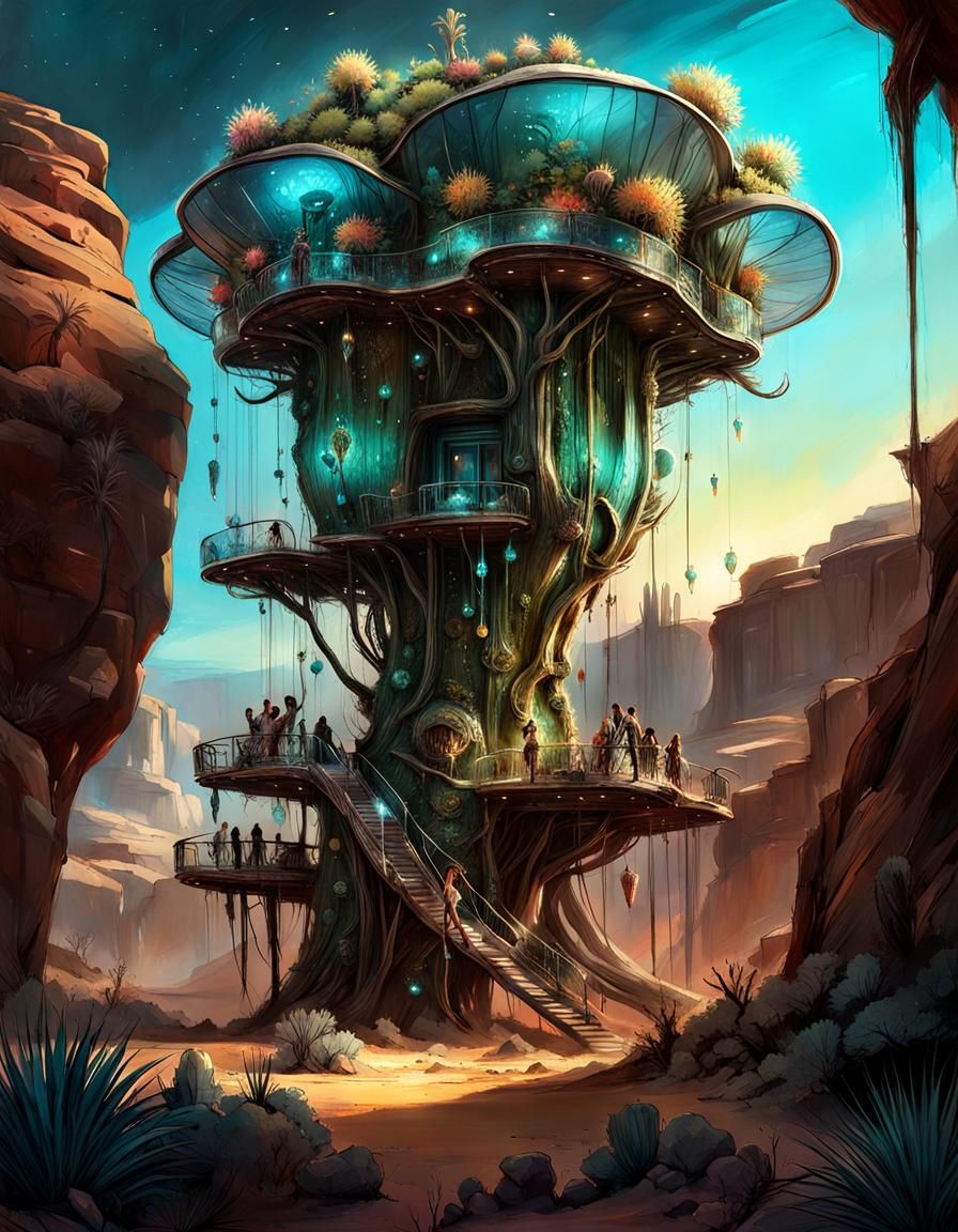 Bioluminescent Cactus Treehouse in the Desert