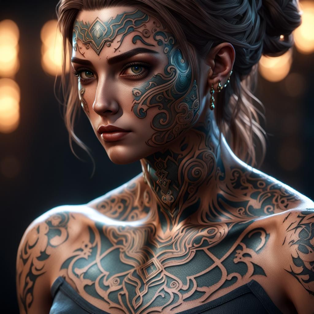 Epic Tattooed Woman in 3D Rendering