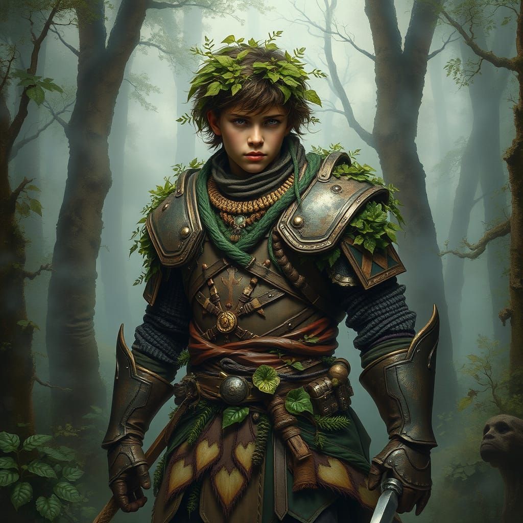 Warrior Knight Emerges from Foggy Impressionist Woods