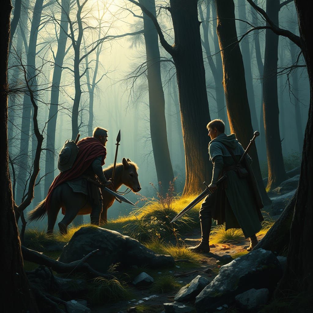 Heroic Knight in Misty Forest, Romantic Style