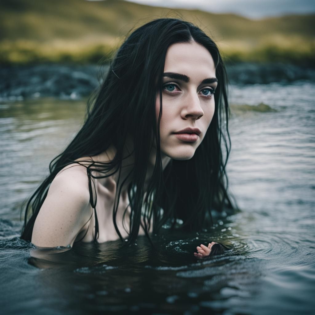 Gothic Woman in Iceland Hot Spring: Photorealistic Analog Ph...