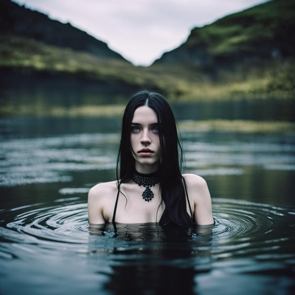 Goth Woman Bathing in Iceland Hot Spring